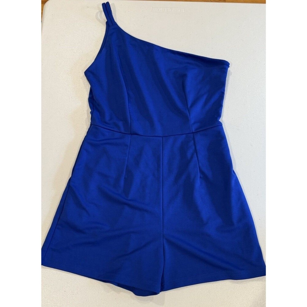 One Shoulder Romper Medium Blue Stretch Zip Travel Minimal Preppy Vacation